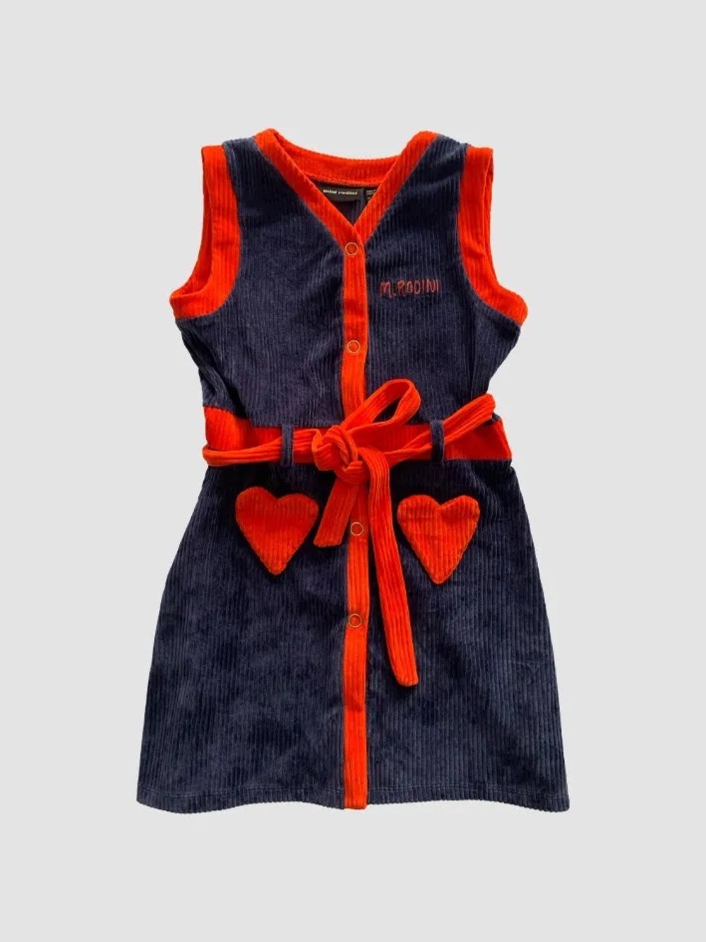 Mini Rodini Navy Corduroy Dress with Red Trim and Heart Pockets